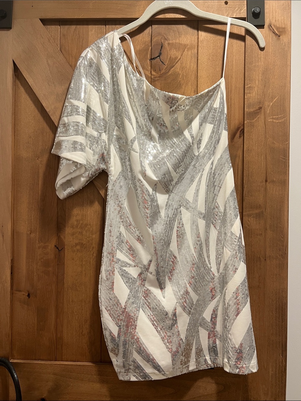 B Darlin Silver Sequin Abstract Party Dress
